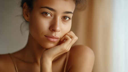 A captivating close-up of a young woman showcasing natural beauty with soft lighting. Her thoughtful expression and serene gaze create a calming atmosphere, ideal for lifestyle themes.の素材