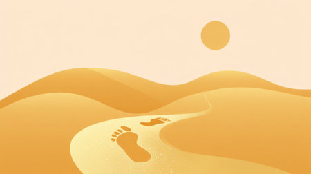 A serene illustration featuring footprints on a sandy desert path, bathed in warm sunlight, with gentle hills creating a calming atmosphere. Ideal for creative projects.の素材