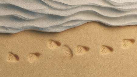 Capture the essence of tranquility with footprints in golden sand beside soft waves on a serene beach, perfectly blending natural beauty and peacefulness.の素材
