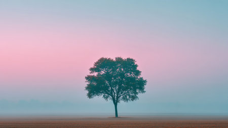 A breathtaking view of a solitary tree standing in a misty field at sunrise, surrounded by soft pink and blue hues. This serene landscape evokes tranquility and calmness.の素材