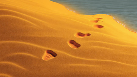 A serene beach scene featuring golden sand with clear footprints leading towards calm blue water, reflecting a bright, sunny day ideal for relaxation and exploration.の素材