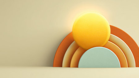 A captivating abstract composition featuring a bright sun resting on layered shapes in soft colors. This modern art evokes a sense of calm and visual harmony.の素材