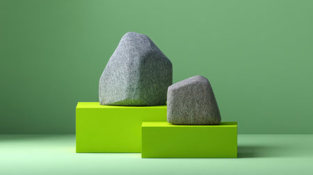 This minimalist still life showcases textured stones placed on vibrant geometric blocks, creating a striking visual appeal perfect for modern art and design applications.の素材