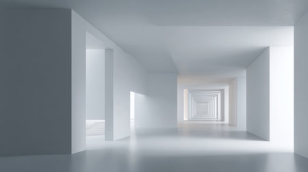 This captivating image showcases a minimalist architectural space featuring a serene hallway with soft lighting. The design emphasizes calmness and clarity, perfect for modern themes.の素材