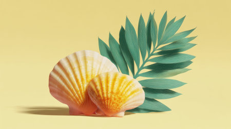A stunning composition of colorful seashells beside a tropical green leaf against a soft yellow backdrop, evoking a peaceful coastal and summer atmosphere.の素材