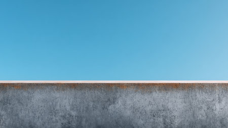 A textured concrete wall with subtle rust accents contrasts beautifully with a clear blue sky, creating a serene backdrop ideal for modern design or artistic projects.の素材