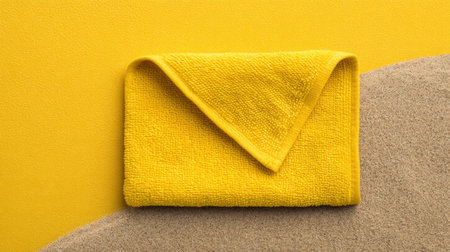 A bright yellow towel showcases its vibrant color against a textured sand background, creating an inviting atmosphere ideal for modern design and minimalism.の素材