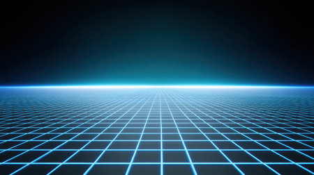 This stunning digital landscape features a neon grid extending to a distant horizon, creating an impression of depth and space, perfect for modern design projects.の素材