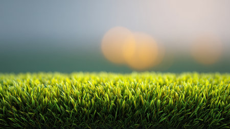 A vibrant close-up of lush green grass with a softly blurred background creates a tranquil atmosphere ideal for nature themes, showcasing beauty and serenity.の素材