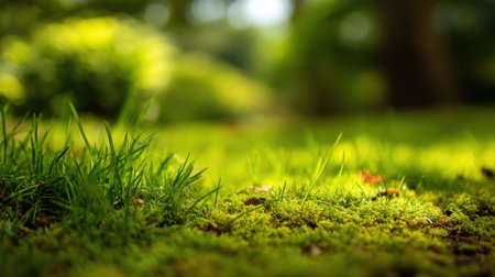 A serene view of lush green grass intertwined with vibrant moss, illuminated by soft sunlight, creates a calming atmosphere in a peaceful garden setting.の素材