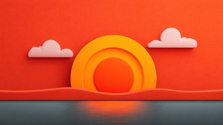 A visually striking composition showcasing a vibrant sunset with circular shapes against an orange backdrop, complemented by soft clouds and water reflections.の素材