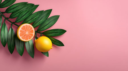 A stunning display of fresh citrus fruits with green leaves on a soft pink background, perfect for vibrant, tropical-themed design projects and wellness concepts.の素材