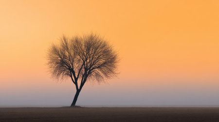 A striking silhouette of a lone tree stands against a vibrant orange and blue horizon during twilight, capturing the serene beauty of a misty landscape at dusk.の素材