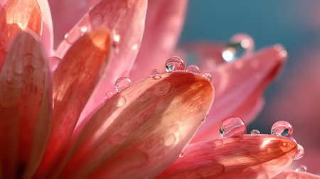 A captivating close-up of pink flower petals adorned with dew drops, highlighting their beauty in soft lighting, ideal for nature, floral, or tranquility themes.の素材