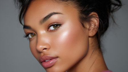 Stunning portrait of a young woman showcasing her radiant skin and natural makeup, embodying beauty and confidence. Ideal for fashion and lifestyle contexts.の素材