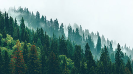 A tranquil view of a dense evergreen forest enveloped in mist, showcasing the beauty of nature with lush greenery and serene hills. Perfect for nature lovers.の素材