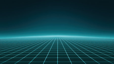 This image features a futuristic landscape with a gridded horizon illuminated by a neon glow. Perfect for technology, sci-fi, and abstract themes in creative projects.の素材
