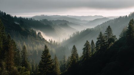 Experience the tranquil beauty of a misty forest landscape, where soft light illuminates lush green trees, creating a serene atmosphere perfect for nature lovers.の素材