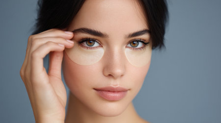 A serene woman applies eye patches while looking directly at the camera, showcasing her healthy skin and natural makeup, set against a soft blue background.の素材