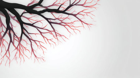 This abstract artwork showcases a striking tree-like structure with bold black branches accented by vivid red, all set against a clean white background, perfect for creative use.の素材