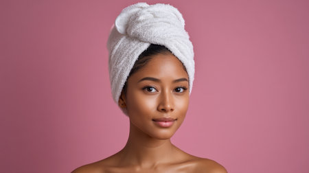 A serene portrait of a young woman with a towel on her head, exuding confidence and beauty against a soft pink background, perfect for wellness and skincare themes.の素材