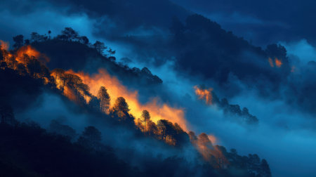 Stunning mountain view showcasing vibrant orange glow against dark blue fog, capturing a serene atmosphere in nature during a captivating twilight scene.の素材