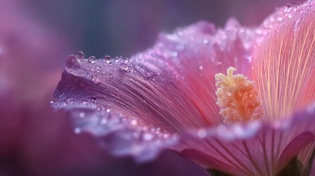 A stunning close-up image of a delicate pink flower petal adorned with glistening dew drops. This photograph captures the beauty and freshness of nature.の素材