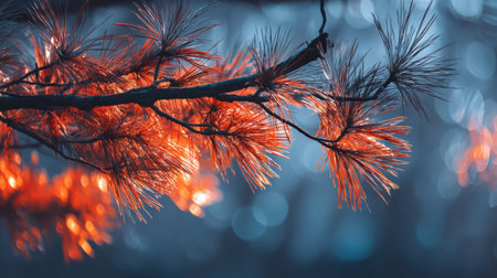 A striking close-up image showcasing the vivid orange hues of autumn pine needles contrasted against a softly blurred blue background, evoking a tranquil outdoor atmosphere.の素材