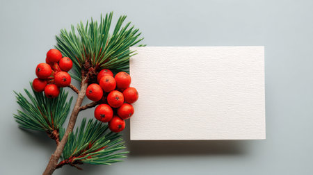 A fresh pine branch adorned with bright red berries rests beside a blank textured card on a soft gray background, perfect for festive designs or holiday greetings.の素材