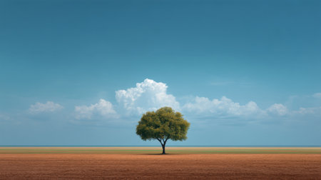 A striking solitary tree stands in the center of a vast landscape under an expansive blue sky, creating a serene and peaceful atmosphere with gentle clouds above.の素材