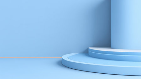 This soft blue backdrop features a circular platform and pedestal design that adds a modern touch, perfect for product displays, artwork presentations, and creative showcases.の素材