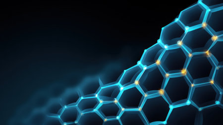 This abstract design showcases a glowing hexagonal structure, perfectly illustrating the intersection of technology and innovation in a captivating visual representation.の素材