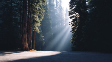 A serene forest scene where sunlight filters through tall trees, creating a peaceful atmosphere. The warm glow highlights the ground, inviting exploration.の素材