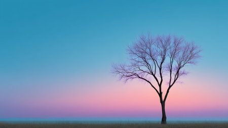 A stunning solitary tree stands barely visible. The colorful gradient sky transitions from warm to cool tones at twilight, evoking peace and tranquility in a natural setting.の素材