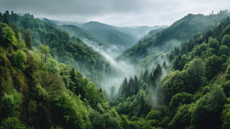 Experience the breathtaking beauty of a lush green valley nestled between misty mountains. This serene landscape showcases dense forests under a cloudy sky, creating a tranquil atmosphere.の素材