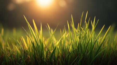 This serene image captures fresh green grass blades illuminated by soft morning light, creating a peaceful natural scene filled with tranquility and freshness.の素材