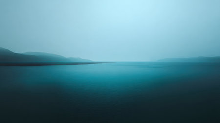 A serene seascape captured at dusk, showcasing gentle waves under a misty, atmospheric sky. The soft blue tones evoke peacefulness and tranquility.の素材