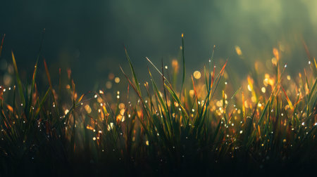 A stunning close-up of dew-covered grass blades illuminated by soft morning light, showcasing the tranquility and beauty of a serene natural landscape.の素材