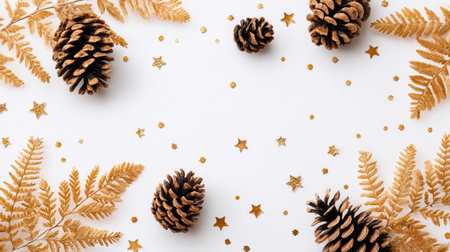 Delight your senses with this elegant arrangement featuring golden pinecones, fern leaves, and festive star decorations, perfect for holiday and winter themes.の素材
