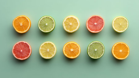 A stunning arrangement of vibrant citrus slices, including oranges, limes, lemons, and grapefruits, creating a fresh and colorful display on a soft green background.の素材