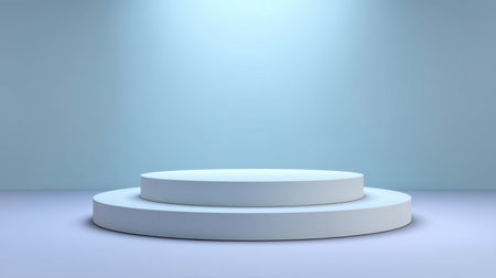 This minimalist white pedestal features a soft blue background, ideal for product presentations or creative showcases. The clean design enhances focus on displayed items.の素材