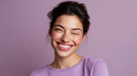 A beautiful young woman smiles joyfully against a vibrant purple background, capturing a moment of positivity and warmth in a playful studio setting.の素材