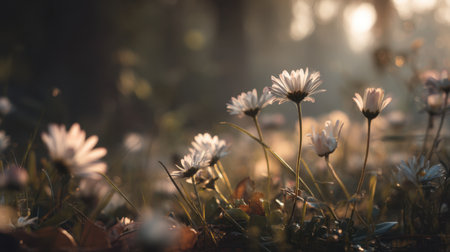 A captivating display of delicate white flowers bathed in soft morning light, creating a serene atmosphere in a lush forest, perfect for nature lovers.の素材