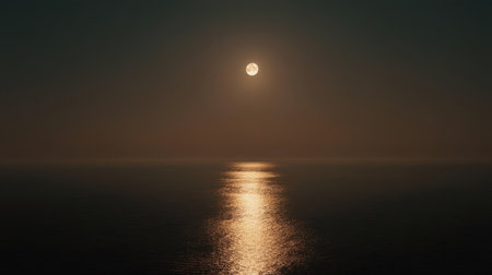 This serene image captures a luminous moon rising over a calm ocean, reflecting soft light on the water's surface, creating a tranquil and peaceful atmosphere.の素材