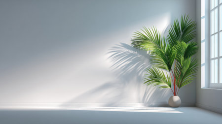 A serene indoor scene showcasing a lush green plant in a bright, minimalistic space. The soft shadows and natural light create a calming atmosphere for relaxation.の素材
