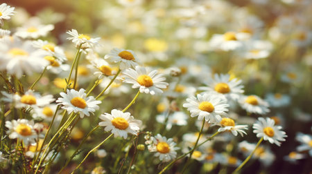 A stunning view of a meadow filled with blooming daisies, bathed in warm sunlight, capturing the beauty of nature and the tranquility of spring days.の素材