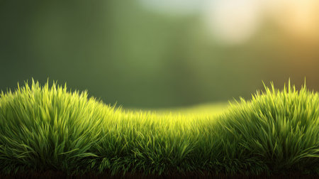 A serene view of lush green grass illuminated by soft golden light, perfect for capturing the essence of nature and creating tranquil outdoor visuals.の素材