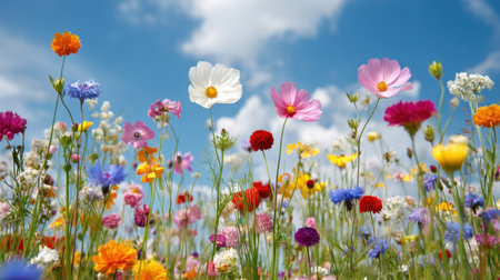 A breathtaking view of a vibrant wildflower field with an array of colors set against a bright blue sky and soft clouds, showcasing the beauty of nature in springtime.の素材