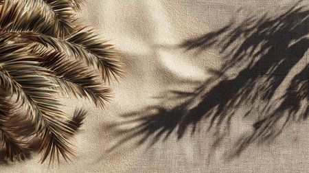 Beautiful palm fronds create delicate shadows on a textured canvas background, offering a perfect visual for tropical themes, art projects, or design inspirations.の素材