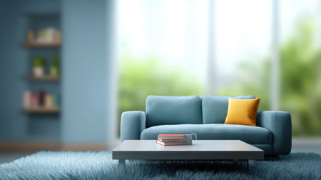 A stylish living room showcases a blue couch with a bright yellow cushion, accompanied by a simple coffee table in a bright environment, perfect for modern decor.の素材